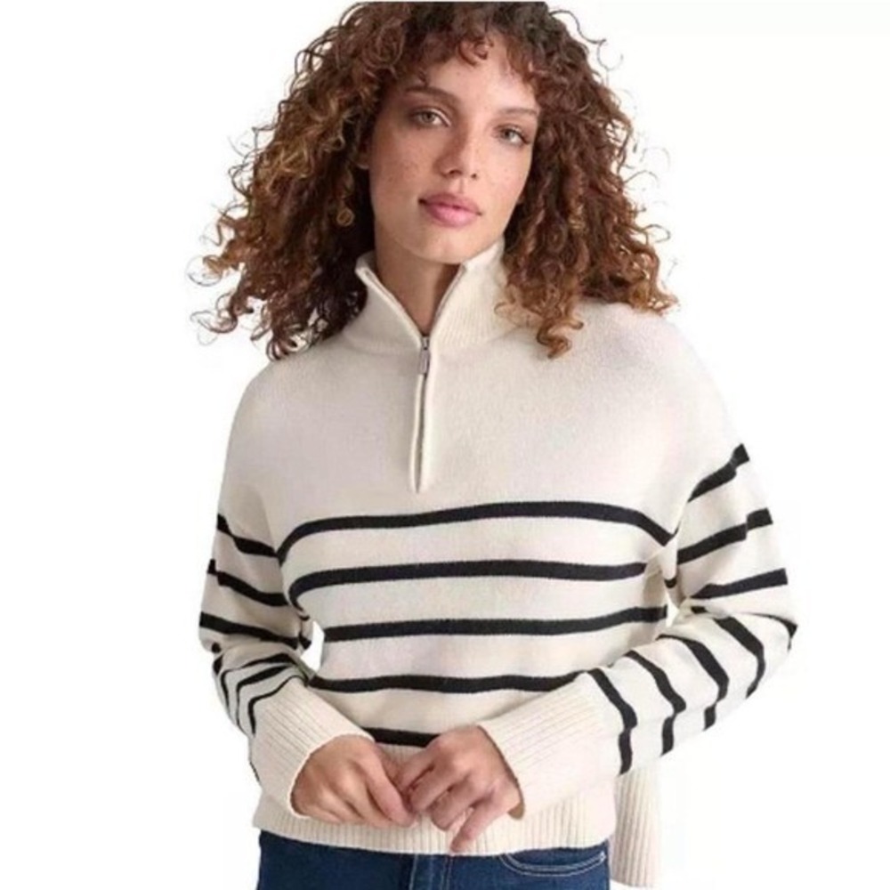 DKNY Women's petite half-zip striped long sleeve sweater in Large